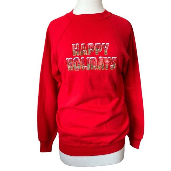 Vintage Hanes Her Way Crewneck Sweatshirt HAPPY HOLIDAYS Christmas Made In USA M - Picture 1 of 9